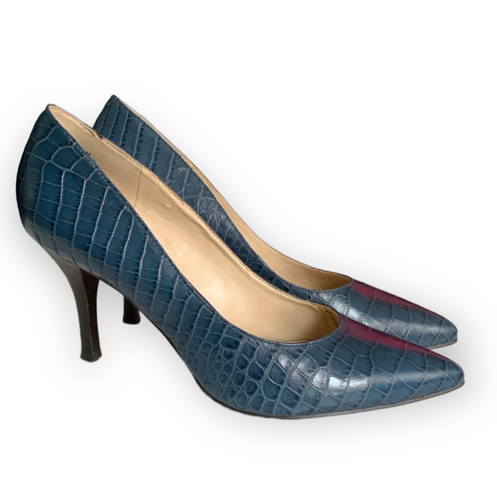 Nine West Blue Croc Leather Pointed Toe Pump High Heels 7.5